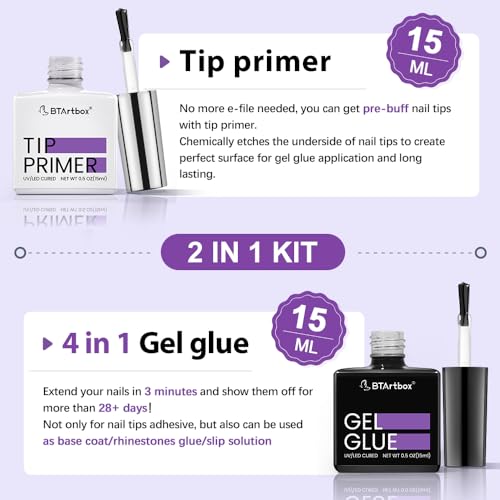 BTArtbox Gel Nail Glue Set - 15ML with Tip Primer for Long-Lasting Manicure