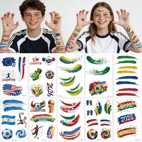 Awinmay Multicolor Soccer Tattoos 45 Pcs World Cup Temporary Body Stickers for Kids & Teens