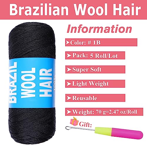 COOKOO 5 Roll 1B# Brazilian Wool Hair for Senegalese Twist Jumbo Braids Faux Locs 70g/Roll