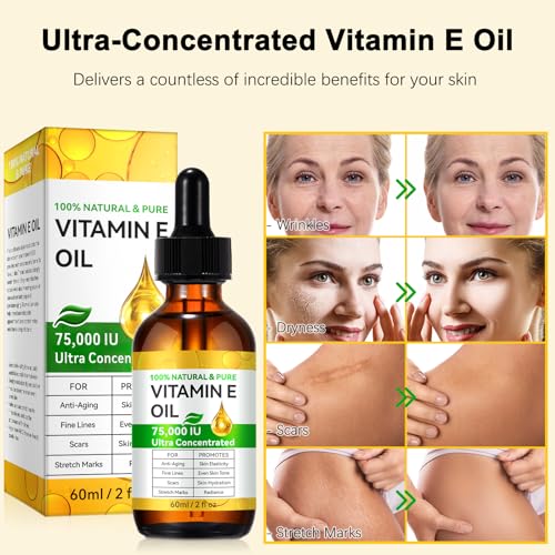 Vitamin E Oil for Skin & Hair - 75,000 IU, 2 Fl Oz - Natural Anti-Aging Moisturizer