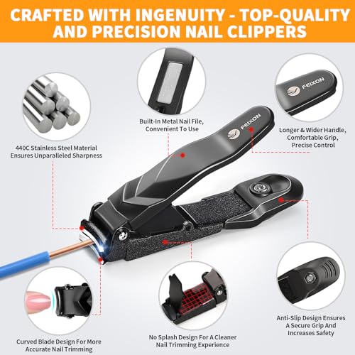 FEIXON Heavy Duty Nail Clippers with Catcher - Black No-Mess Nail Cutter