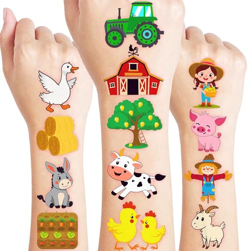 60 Pre-Cut Farm Animal Temporary Tattoos for Kids' Parties