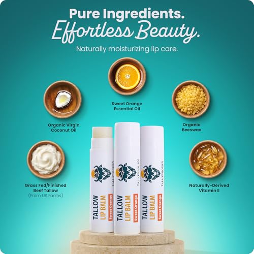 Moisturizing Tallow Lip Balm ? Grass-Fed Beef Tallow with Organic Coconut Oil, Beeswax, and Vitamin E ? Sweet Orange ? Lip Balm Set ? Travel Essential ? 3-Pack
