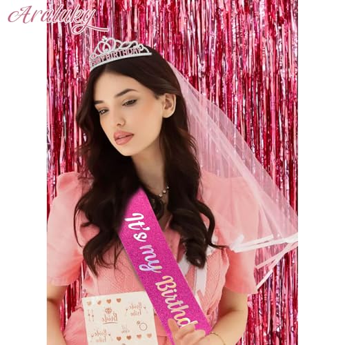 Silver & Pink Birthday Crown & Sash for Women & Girls - Party Tiara Set