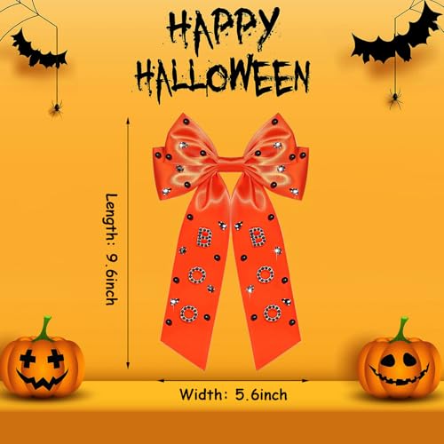 Large Halloween Hair Bow Clip - Pattern H Rhinestone Ghost & Pumpkin Ribbon