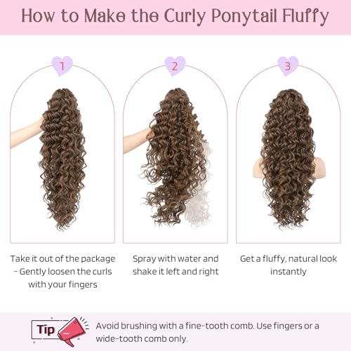 HOOJIH 24 Inch Curly Wavy Ponytail Extension for Women - Black Brown