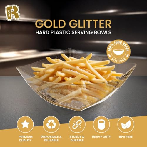 R-kay 6 Pack Gold Glitter Plastic Serving Bowls - 32 Oz Heavy Duty for Parties