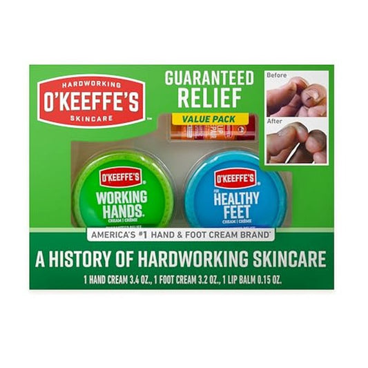 O'Keeffe's Giftbox Including Lip Repair with Cherry and Vitamin E Oil Stick, Working Hands Jar and Healthy Feet Jar, Gift Idea for Moms, Fathers, Caretakers, and More