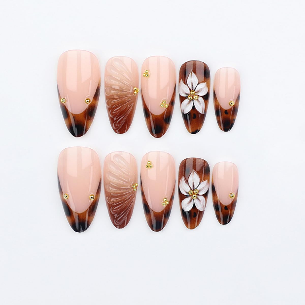 Short Almond Press-On Nails - 24 Pcs French Tip with Leopard Print & Gold Beads | Reusable Acrylic Nail Designs for Women