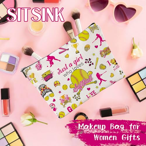 Sitsink Softball Makeup Bag - Girl Who Loves Softball Sports Gift, Waterproof Canvas Zipper Pouch