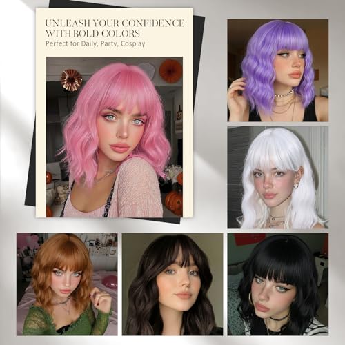 Light Pink Wavy Bob Wig with Bangs - 14 Inch Shoulder Length