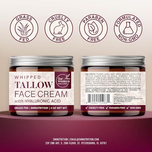 SMNutrition 4oz Beef Tallow Face Moisturizer with Hyaluronic Acid & Jojoba Oil