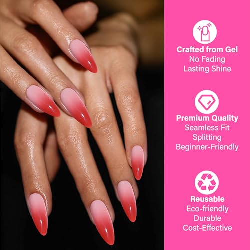 AJEAJE Red Ombre Press-On Nails 30 Pcs Full Cover with Glue Box Kit (Medium) – Easy Apply