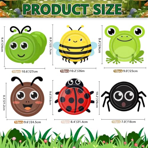60 Bugs Party Plates - Ladybug, Bee, Frog & Insect Designs