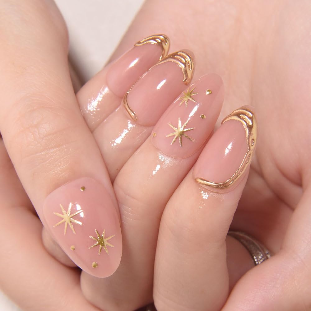 Short Almond Press-On Nails - French Tip & 3D Gold Star Design | Glossy Full Cover Acrylic, Reusable Fake Nails for Women