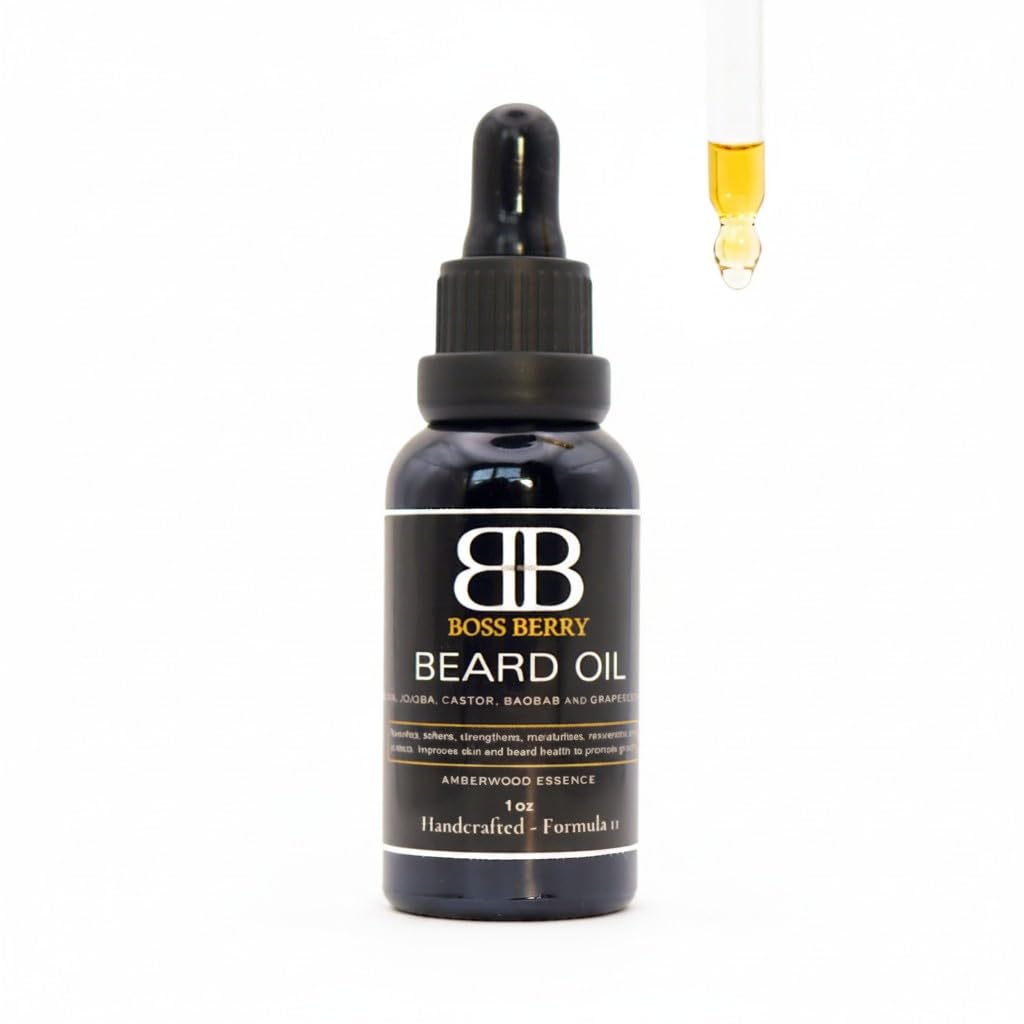 BOSS BERRY Sovereign Beard Elixir (Amberwood Essence) for Men - Natural Beard Growth with Argan, Castor, Hemp and Baobob Oil - 100% Organic, Sandalwood Fl Oz