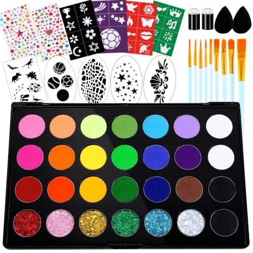 Professional Face Painting Kit with 28 Colors, Brushes, Sponges & Stencils for Kids & Adults