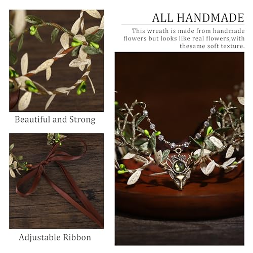 MOSTORY Handmade Green-Beige Forest Leaf Crown for Cosplay & Parties