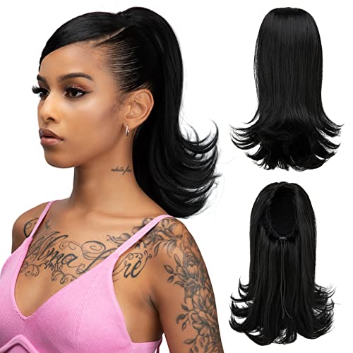YUMOREAL 14-Inch Short Black Drawstring Ponytail Extension with End Curls