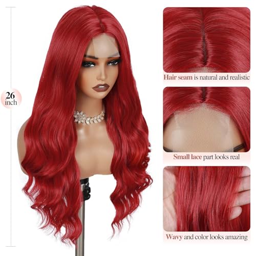 Bright Red Long Wavy Wig for Women - Heat Resistant Synthetic Hair