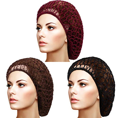 Giugu 3 Pcs Mesh Crochet Hair Nets for Women, Wine Red & Brown