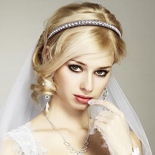 HINZIC 2 Pack Rhinestone Headbands for Women - Black & Silver Non-Slip Hair Accessories