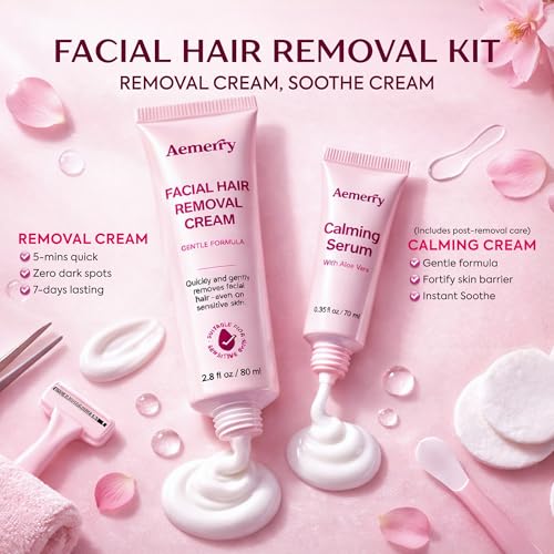 Facial Hair Removal Cream for Women ? Painless 2-in-1 Depilatory Kit with Calming Serum, Gentle Formula for Sensitive Skin, Upper Lip, Chin & Face Hair Remover, Fast 5 Min Smooth, 80ml + 10ml