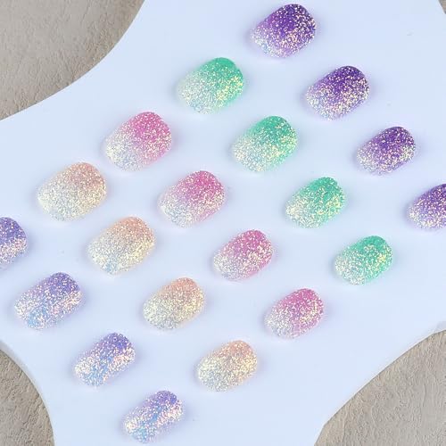 TACITSU 120 Pcs Kids Press-On Nails Set Gradient Glitter - Short Oval Shape