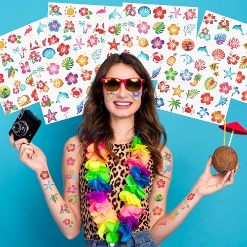 150 PCS Glitter Hawaiian Temporary Tattoos - Hibiscus & Flamingo Designs