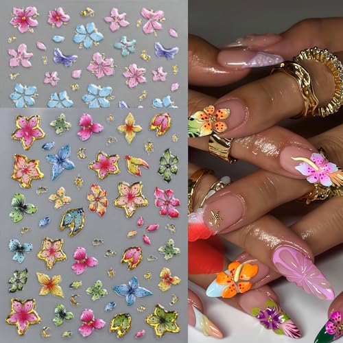 5D Hibiscus Flower Nail Stickers - 8 Sheets Tropical Nail Art