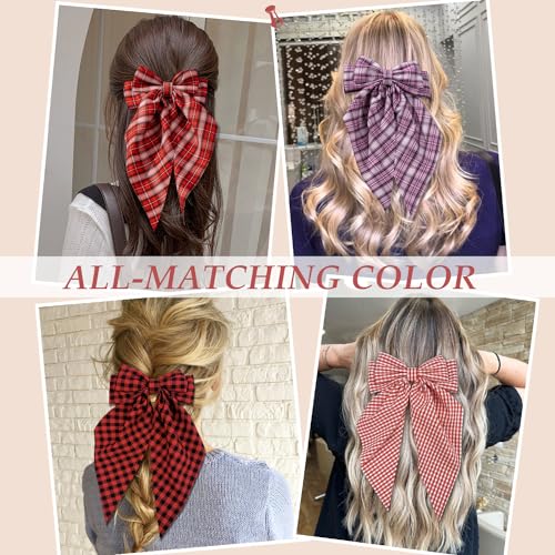 FDBJulyy 4 Pcs Hair Bows for Women & Girls - Red, Wine, Purple & Checkerboard Red