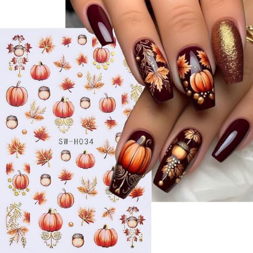 SPNBCQ Orange Halloween & Autumn Nail Art Stickers, 8 Sheets, 3D Self-Adhesive Pumpkin Face & Ghost Decals