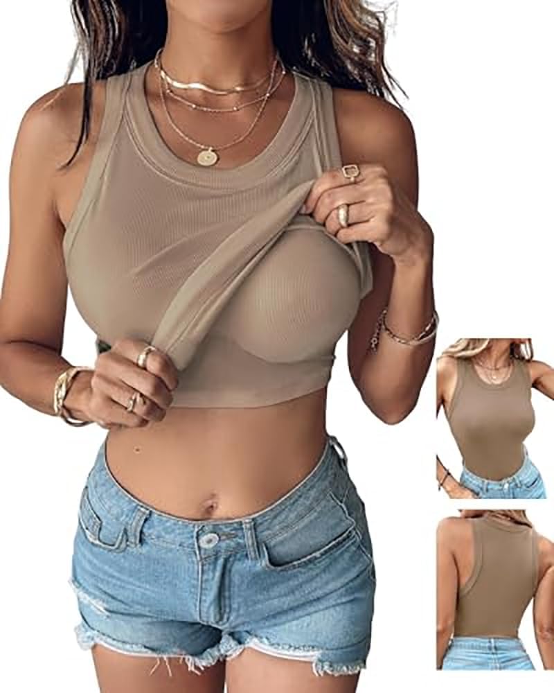 Women’s Built-In Bra Tank Top - Sleeveless Racerback Ribbed Fitted Shirt | Casual Style