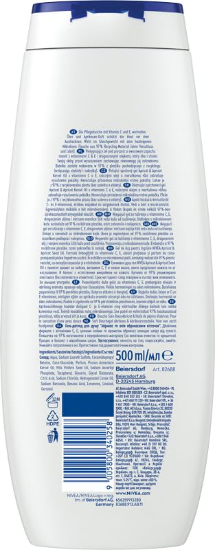 NIVEA Apricot Nourishing Shower Gel 500ml - Hydrating Daily Cleanser with Vitamins C & E