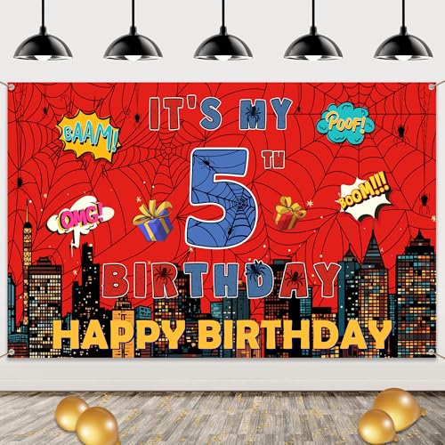 Spider Web 5th Birthday Banner - Large Red & Blue Photo Backdrop