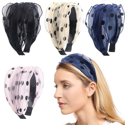 FZBNSRKO 4 Pack Wide Lace Headbands for Women & Girls - Non-Slip, Feminine Hair Accessories in Black, Pink, Beige, Blue