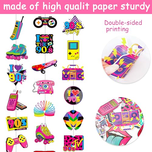 90s Party Hanging Decorations - 8 Retro Garlands for Themed Events