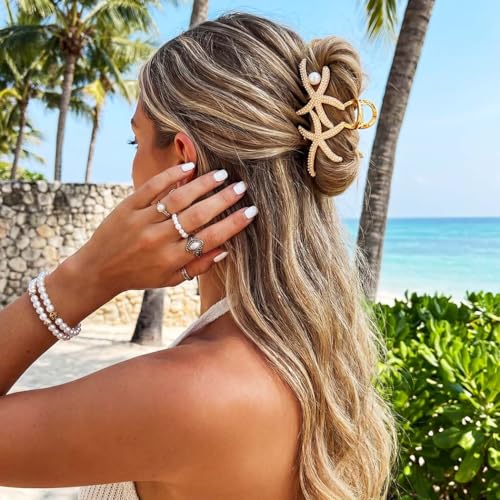 Gold Starfish Claw Clips for Women - Seashell Hair Accessories, Mermaid Style