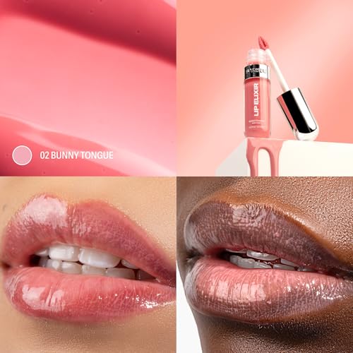 Sacheu Lip Elixir Hydrating Lip Gloss - Non-Sticky High Shine, Bunny Tongue (Pink)