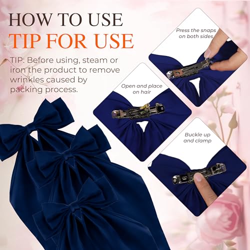 Navy Blue Silk Hair Bows 3P with Barrette Clips - Oversized Long Tail Coquette Style