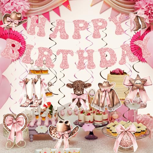 Yunlly Pink Bow Cowgirl Birthday Party Decorations Set