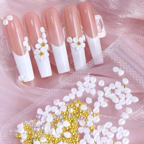 3D White Flower Nail Charms - 150 Pcs Resin Petals with Gold Pearls