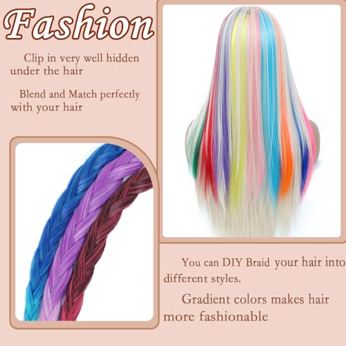 12 Pcs Pink Clip-In Hair Extensions for Girls - 22 Inch Straight Highlights