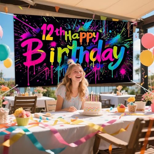 12th Birthday Party Banner - Rainbow Neon Splatter 71x43 Inch
