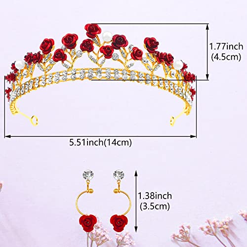 Aswewamt Red Bridal Rose Crown Headband and Earrings Set - Gold Flower Wedding Jewelry