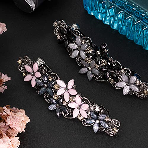 Elegant Rhinestone Hair Clips for Women - Pink & Dark Blue/Black & Gray Flowers