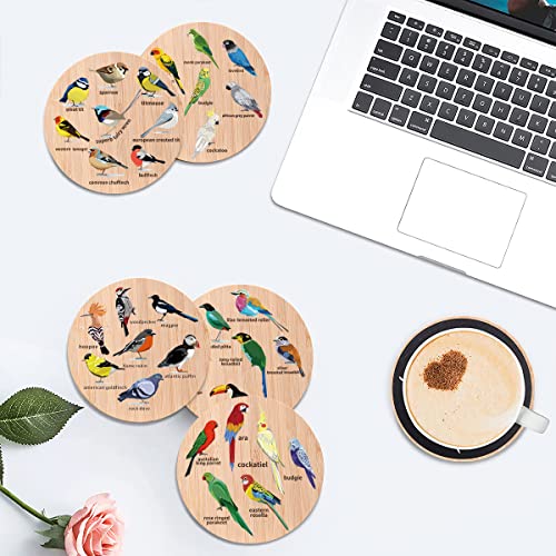 Bird-Themed Bamboo Wood Coasters Set of 6 with Holder