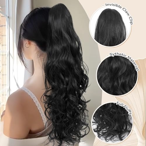 24" Curly Wavy Ponytail Extension with Claw Clip - Natural Synthetic Hairpiece