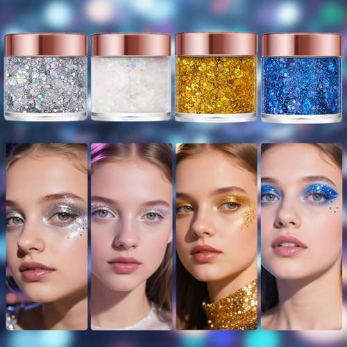 Badhare 4-Pack Body and Face Glitter Gel for Festivals and Parties
