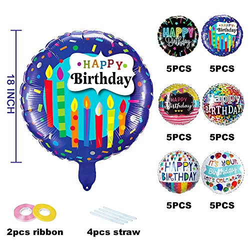 18 Inch Happy Birthday Foil Balloons - 30 Pack, Round Shape